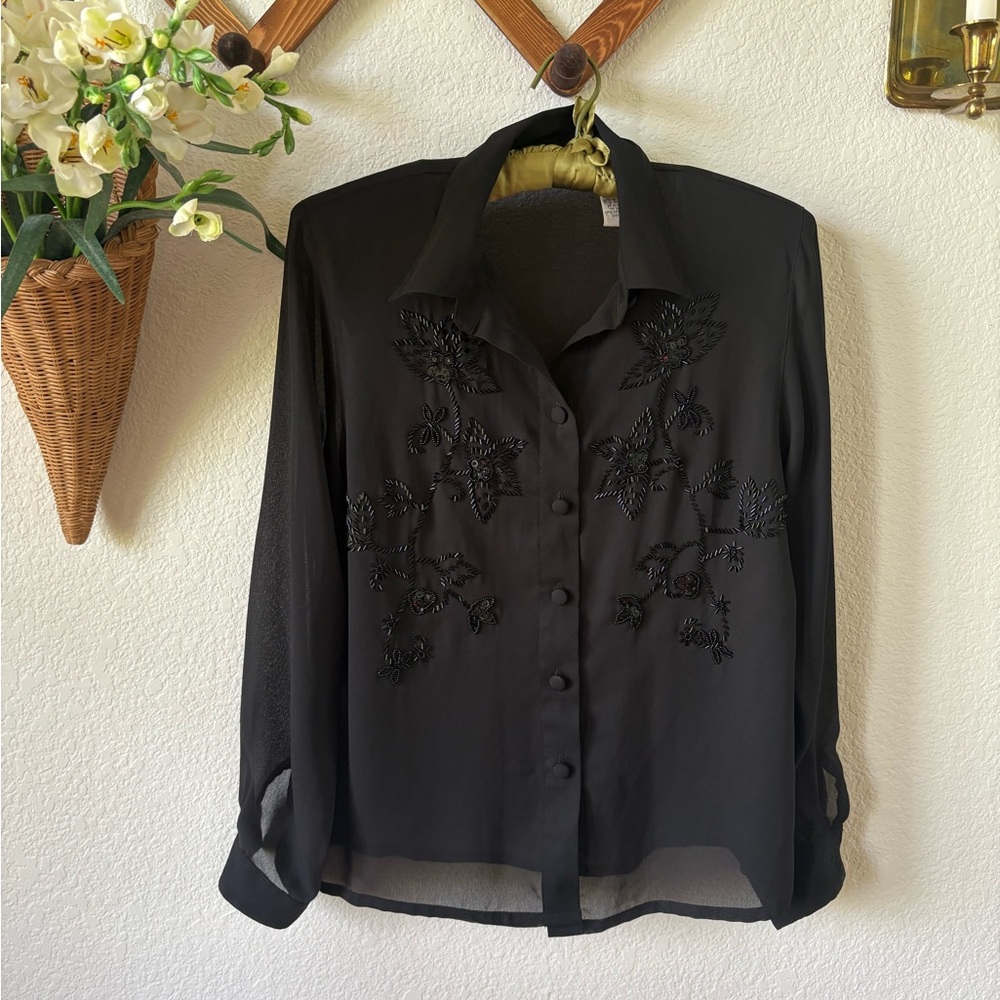 Vintage Sheer Blouse Floral Embroidered